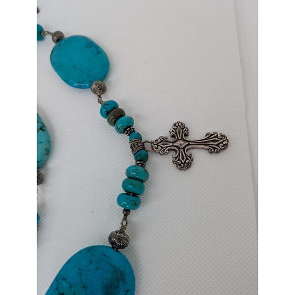 Large Oval Turquoise and Sterling Silver Cross Hook Belt Adjustable 48" Blue - Picture 7 of 12